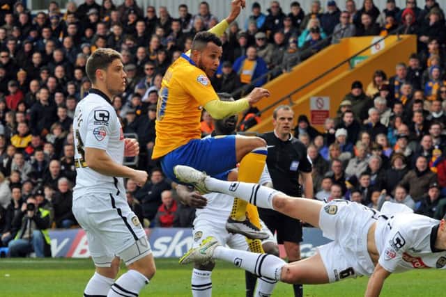 Mansfield Town v Notts County.
Matt Green scores in the first half for the Stags.