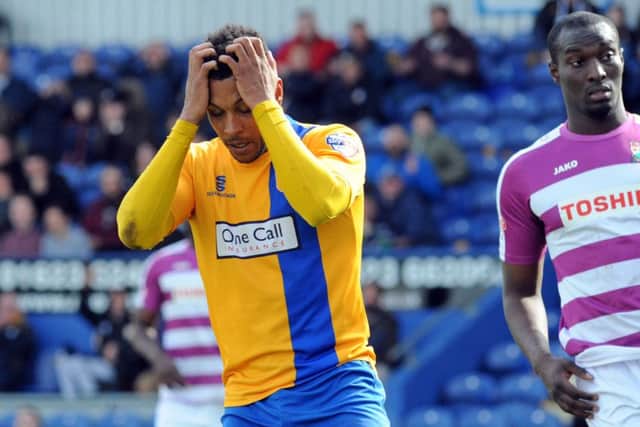 Mansfield Town v Barnet.Matt Green rues a missed second half chance.