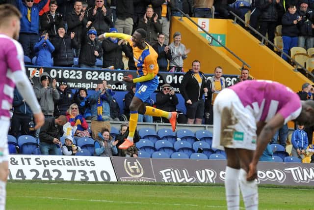 Mansfield Town v Barnet.
Dieseruvwe celebrates after scoring Mansfield's equalizer.