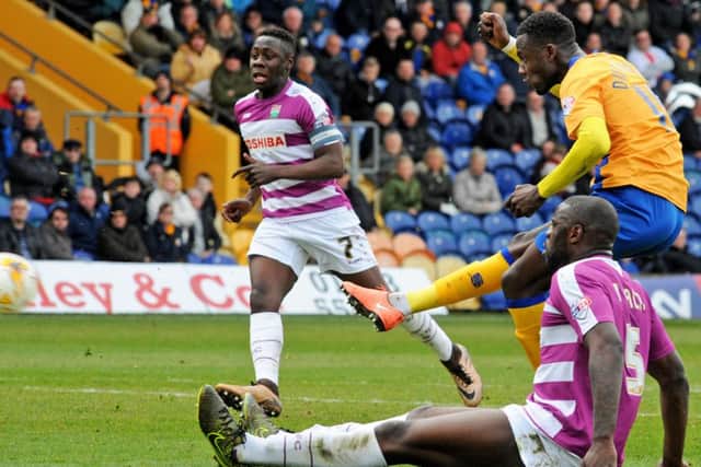 Mansfield Town v Barnet.Dieseruvwe shoots to score Mansfield's equalizer.