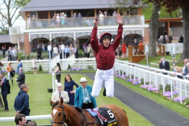 STAR OF YORK -- a flying dismount by Frankie Dettori after victory last year on Star Of Seville in the Musidora Stakes, this week's big Oaks trial at York.