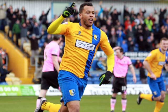 Mansfield Town v Northampton Town, Monday March 28th 2016. Stags player Matt Green scores his 2nd goal of the game. Photo: Chris Etchells