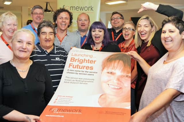 Service users, Paula Anscombe, Marianna Everett and Gina Dosanjh are joined by Framework staff and Adavanced Practioner, Janine Brooks at the launch of Brighter Futures, the new name given to the services offered to adults by Nottinghamshire County Council and delivered by Framework.