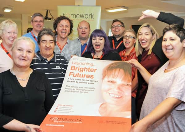 Service users, Paula Anscombe, Marianna Everett and Gina Dosanjh are joined by Framework staff and Adavanced Practioner, Janine Brooks at the launch of Brighter Futures, the new name given to the services offered to adults by Nottinghamshire County Council and delivered by Framework.