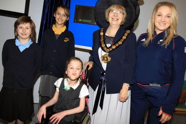 The opening of Fountaindale School in Mansfield by Paralmpian Charlotte Henshaw and the Chairman of Notttingham County Council Coun Sybil Fielding. They are pictured with pupils Leanne, 12, Lillie-May, eight, and Ellie May, 11.