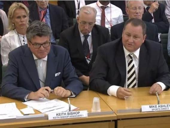 Sports Direct's Mike Ashley and his PR adviser Keith Bishop. (Image source: ParliamentLive.tv)