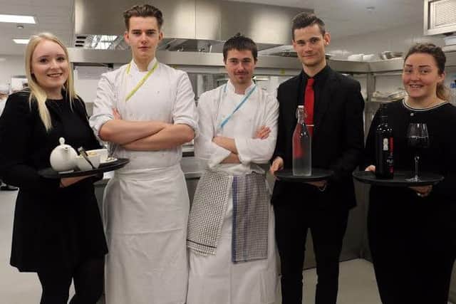 Chloe, Rees, Cory, Jay and Amy in the kitchens on Refined, ahead of their graduation evening.