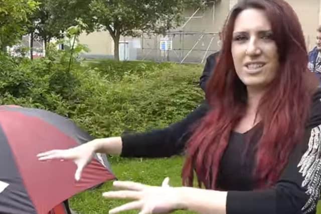 Deputy leader of Britain First Jayda Fransen has confronted a tent and been accused of 'abusing' the homeless person inside because they were Latvian. (Source: YouTube).