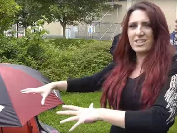 Deputy leader of Britain First Jayda Fransen has confronted a tent and been accused of 'abusing' the homeless person inside because they were Latvian. (Source: YouTube).