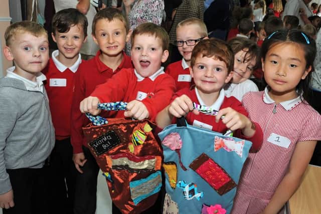 David Nieper, Fashion for Free.Infants from Alfreton's Copthorne Community School with their bags that they made from re-cycled materials for the David Nieper design competition.