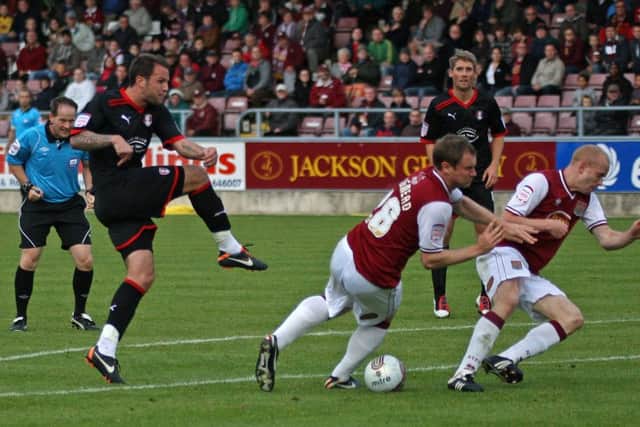 Northampton Town FC v Rotherham United FC - Npower League 2 - 29th October 2011 - Substitute Luke Foster is denied as Kelvin Langmead dives in to block his shot