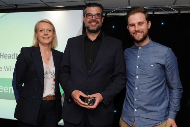 Nadeem Shah is presented with his winners award for Best Headteacher by Louise Hamby and Daniel Bestwick at the Chad Best in Schools 2016 awards. Picture: Andrew Roe