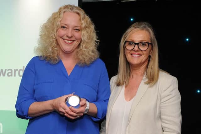 Sarah Bland collects the winners award The Technology Award on behalf of Adam Bean presented by Berni Dickinson at the Chad Best in Schools 2016 awards. Picture: Andrew Roe