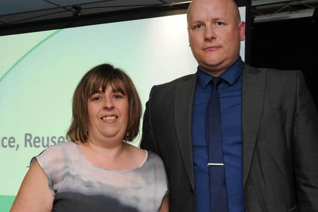 Nicola Elliott is presented with the winners award for The Reduce, Reuse, Recycle Award by Tim Croft at the Chad Best in Schools 2016 awards. Picture: Andrew Roe