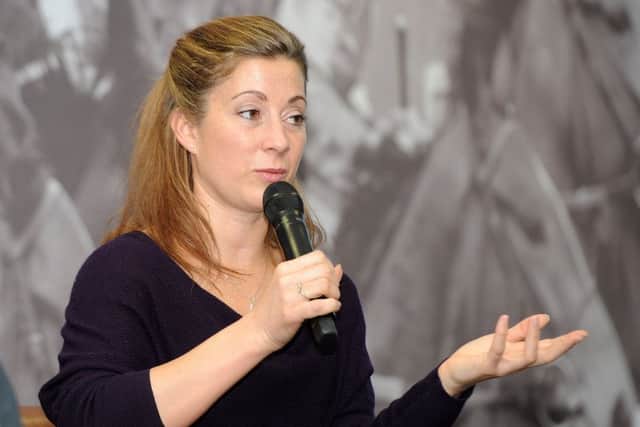 Retired jockey Hayley Turner answers questions at a 5Star Active event at Doncaster Racecourse. Picture: Andrew Roe