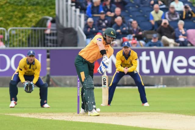Durhams Paul Coughlin bowling at Notts opener Michael Lumb at The Emirates, Chester-le-Street, today (Wednesday)