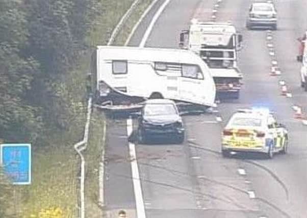 A jack-knifed caravan on the northbound M1 near the Chesterfield / Mansfield junction (photo: Highways Agency).