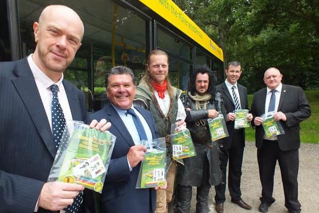 Councillor John Knight and Councillor Kevin Greaves, both Nottinghamshire County Council, Robin Hood (Steve Warrington), Sheriff of Nottingham (Mark Williams), Jason Dixon, Engineering Depot Worksop and Andy Smith, Commercial Manager South,  both Stagecoach East Midlands