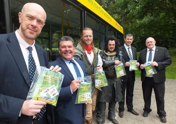 Councillor John Knight and Councillor Kevin Greaves, both Nottinghamshire County Council, Robin Hood (Steve Warrington), Sheriff of Nottingham (Mark Williams), Jason Dixon, Engineering Depot Worksop and Andy Smith, Commercial Manager South,  both Stagecoach East Midlands