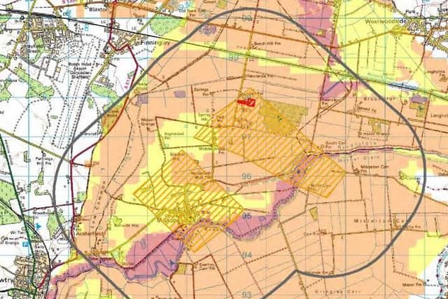 The area around the Misson exploration site at the former RAF missile station. (Planning application in red, exploration area in yellow.)