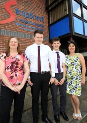 New trainee's at Stopford Associates Chartered Accountants in Mansfield. Both trainee's came from Queen Elizabeth's School. Shaun Newham and William Bostock are pictured with Sharon Hall, Post 16 Lead at Queen Elizabeth's School, and Pat Stopford.