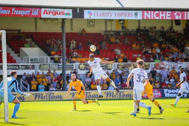 Mansfield Town's Matt Green heads the ball home - Pic Chris Holloway