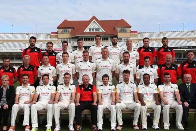 IN PICTURE: Notts County Cricket Club 2016: Back Row (left to right): Ross Herridge (head of strength and conditioning), Laurence Brown strength and conditioning coach), Jake Libby, Sam Wood, Matthew Carter, Brett Hutton, Luke Wood, Phil Tranter (physio), Jon Alty (head of sports science and medicine).Middle Row (left to right): Wayne Noon (assistant manager), Peter Moores (coaching consultant),  Greg Smith, Will Gidman, Jake Ball, Luke Fletcher, Brendan Taylor, Steven Mullaney, Andy Pick (bowling coach), Paul Franks (2nd captain XI coach).Front Row (left to right): Anne Cusworth (scorer) Harry Gurney, Michael Lumb, Stuart Broad, Mick Newell (director of cricket), Chris Read, Jackson Bird, Samit Patel, Riki Wessels, Roger Marshall (scorer).STORY: SPORT LEAD: Notts County Cricket Club Team /Pen pictures for season 2016.  Trent Bridge Cricket Ground, West Bridgford, Nottingham.PHOTOGRAPHER: MARK FEAR