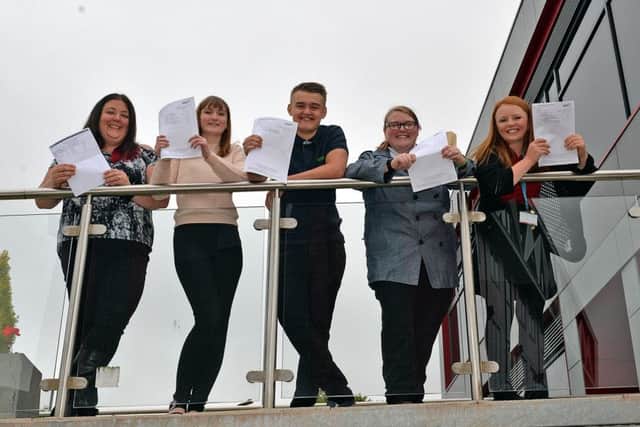 A Level results day at West Nottinghamshire College, pictured are Joanna Brocklehurst-Smith, Lindsay Hill, Callum Lack, Jemma Ratcliffe and Charlotte Swindells
