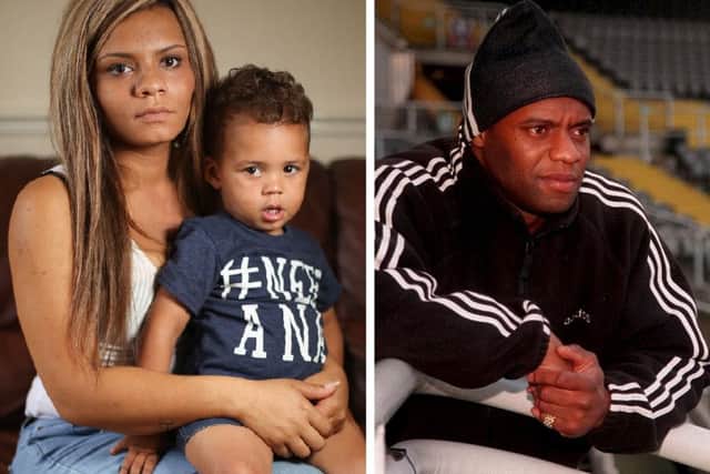 Demi Kelsall, 21, and son Tyrice, 2. Demi is believed to be the lovechild of Dalian Atkinson and has told of her heartbreak to be denied by him. The former footballer died after eing Tasered by polcie this week.  Images: SWNS.