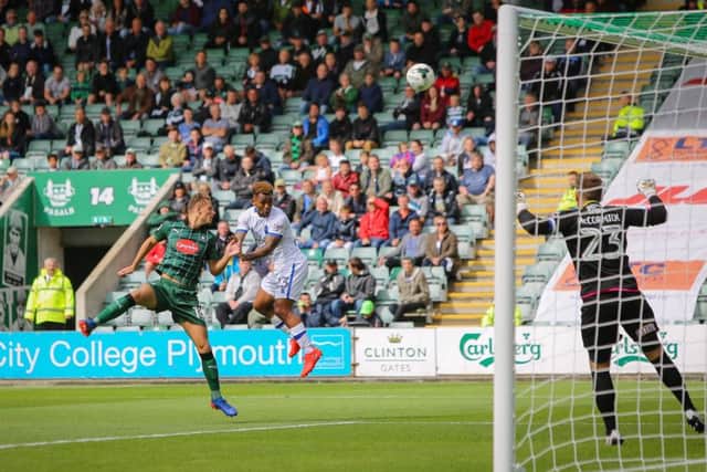 Mansfield Town's Ashley Hemmings heads for goal - Pic Chris Holloway