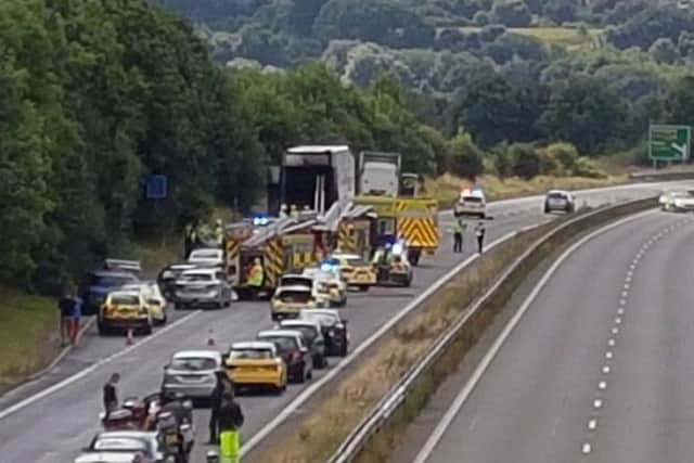 The scene after a fatal RTC involving a motorcycle and an HGV on the A38 in Derbyshire. (Source: Twitter @PaulReevesEA)