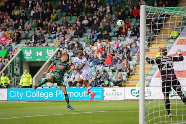 Mansfield Town's Ashley Hemmings heads for goal - Pic Chris Holloway
