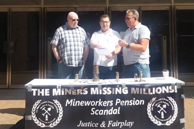 Miners pension fund campaigners Steve Betts, Mick Newton, Charlie Chiverton.