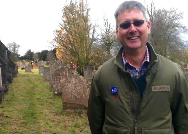 Paul Jameson, chairman of the Battle of Hatfield  Society ouside Cuckney church where hundreds of skeletons are believed to be buried.
