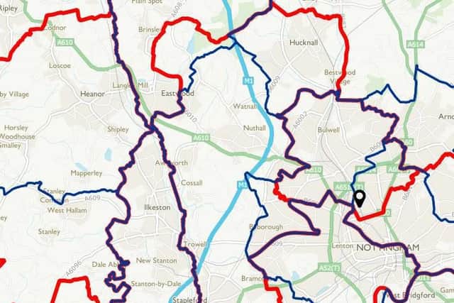 Proposed changes to parliamentary boundaries could see a revised Broxtowe & Hucknall seat as the town is cut from Mark Spencer's Sherwood constituency. (BLUE: existing / RED: proposed).