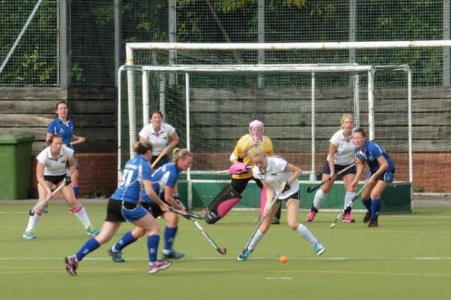 ON THE ATTACK -- an attacking short corner for North Notts against Shrewsbury, featuring (from left, in blue) Holly Whittaker, Lucy Heseltine-James, Clare Faulkner and Dani Bak.