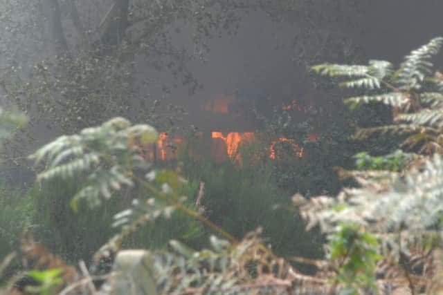 The fire is seen burning close to nearby woodland at the rear of the industrial unit.