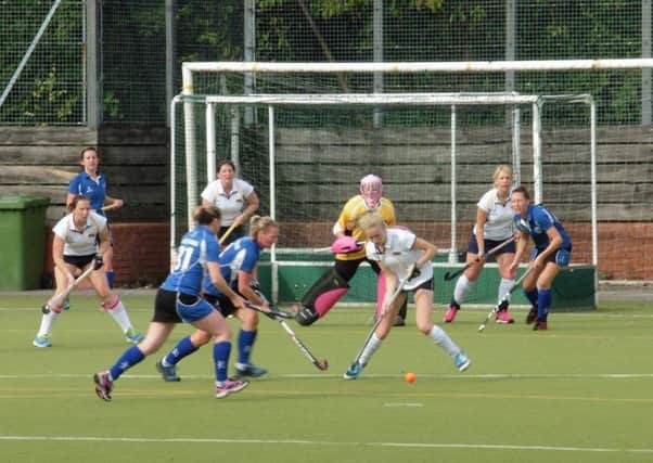 ON THE ATTACK -- an attacking short corner for North Notts against Shrewsbury, featuring (from left, in blue) Holly Whittaker, Lucy Heseltine-James, Clare Faulkner and Dani Bak.