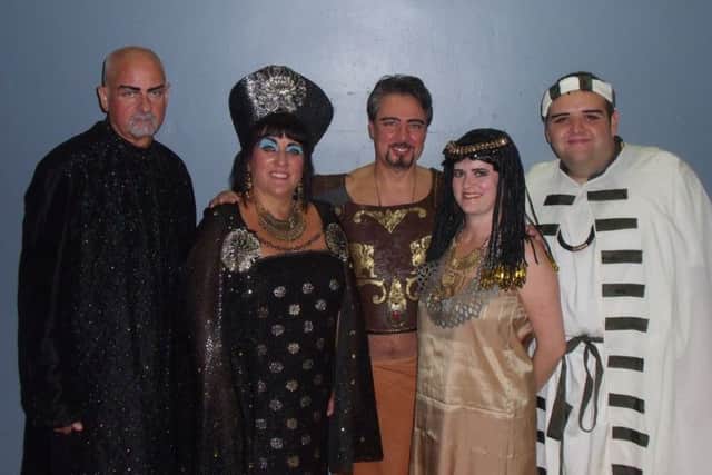 Mick Whitehouse (Zoser), Wendy Blunt (Amneris), Istvan Koszegi (Radames), Leanne Collins (Aida) and Peter Maddison (Mereb) in Bolsover Drama Group's production of Aida.
