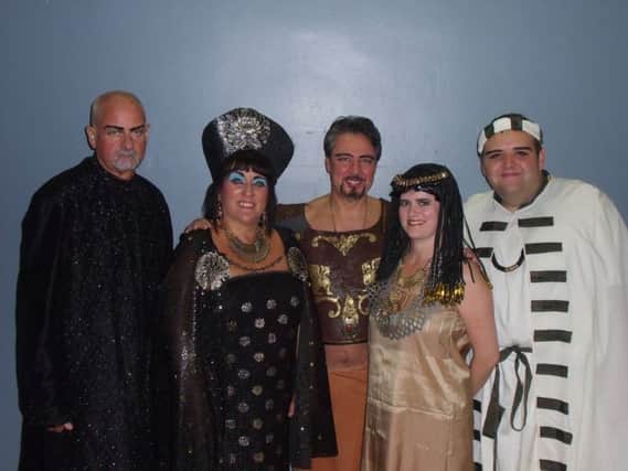 Mick Whitehouse (Zoser), Wendy Blunt (Amneris), Istvan Koszegi (Radames), Leanne Collins (Aida) and Peter Maddison (Mereb) in Bolsover Drama Group's production of Aida.