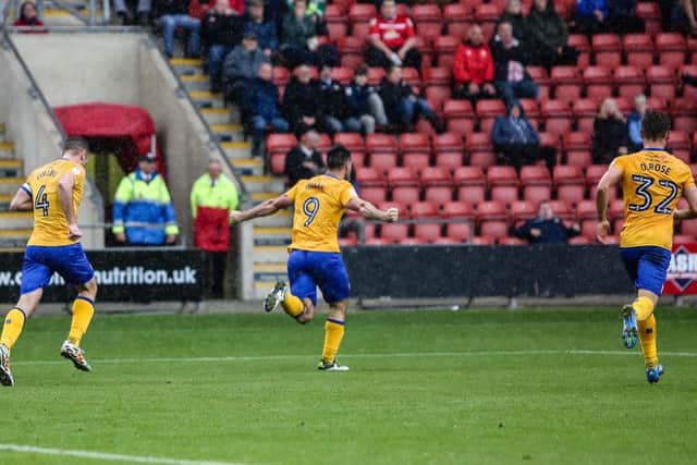 Mansfield Town's Pat Hoban celebrates his goal - Pic by Chris Holloway