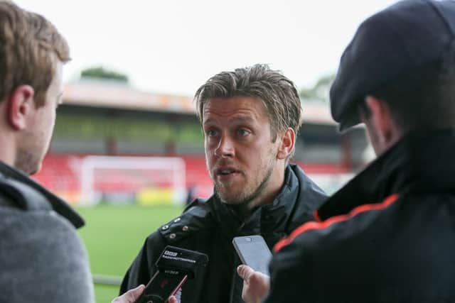 Mansfield Town's Kevan Hurst speaks with the press after the Crewe game - Pic by Chris Holloway