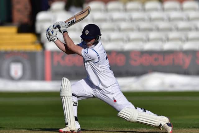 Ben Slater following through a drive during Derbyshire County Cricket Club second innings at 3aaa County ground, Derby on 11 May 2015. Photo: Simon Trafford