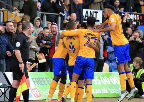 Mansfield Town v Notts County, Saturday October 8th 2016. Mansfield Town player Matt Green celebrates after scoring his 2nd goal of the game. Picture: Chris Etchells