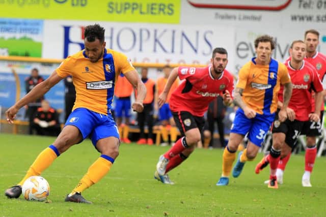 Mansfield Town v Notts County, Saturday October 8th 2016. Mansfield Town player Matt Green scores from the penalty spot to take his 2nd goal of the game. Picture: Chris Etchells