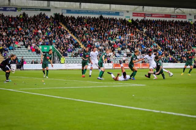 Mansfield Town attack the Plymouth goal - Pic Chris Holloway