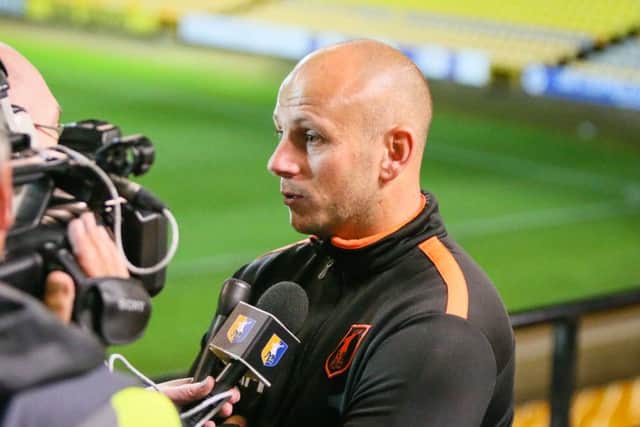 Mansfield Town's Manager Adam Murray speaks wih the Press - Pic Chris Holloway