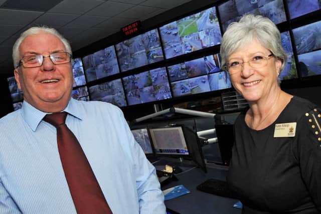 Mansfield's Executive Mayor, Coun. Kate Allsop pictured with senior CCTV operator Gareth Batten-Jones in the new CCTV suite in the Civic Centre.
