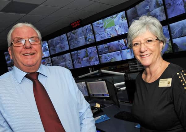 Mansfield's Executive Mayor, Coun. Kate Allsop pictured with senior CCTV operator Gareth Batten-Jones in the new CCTV suite in the Civic Centre.