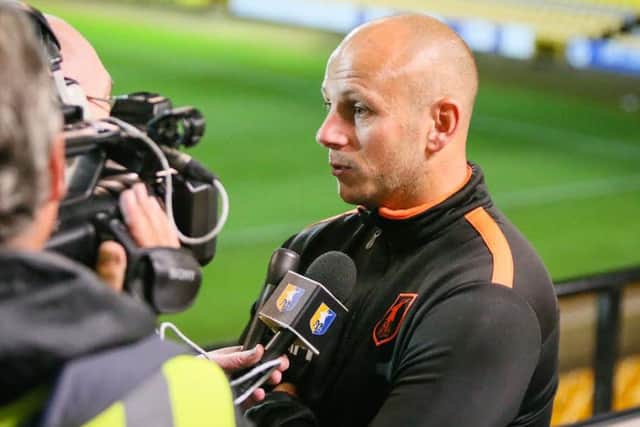 Mansfield Town's Manager Adam Murray speaks wih the Press - Pic Chris Holloway